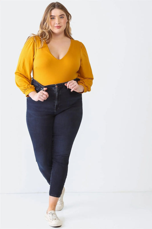 Junior Plus Mustard V-Neck Long Sleeve Soft-To-Touch Bodysuit /1-1-2 - Tasha Apparel Wholesale