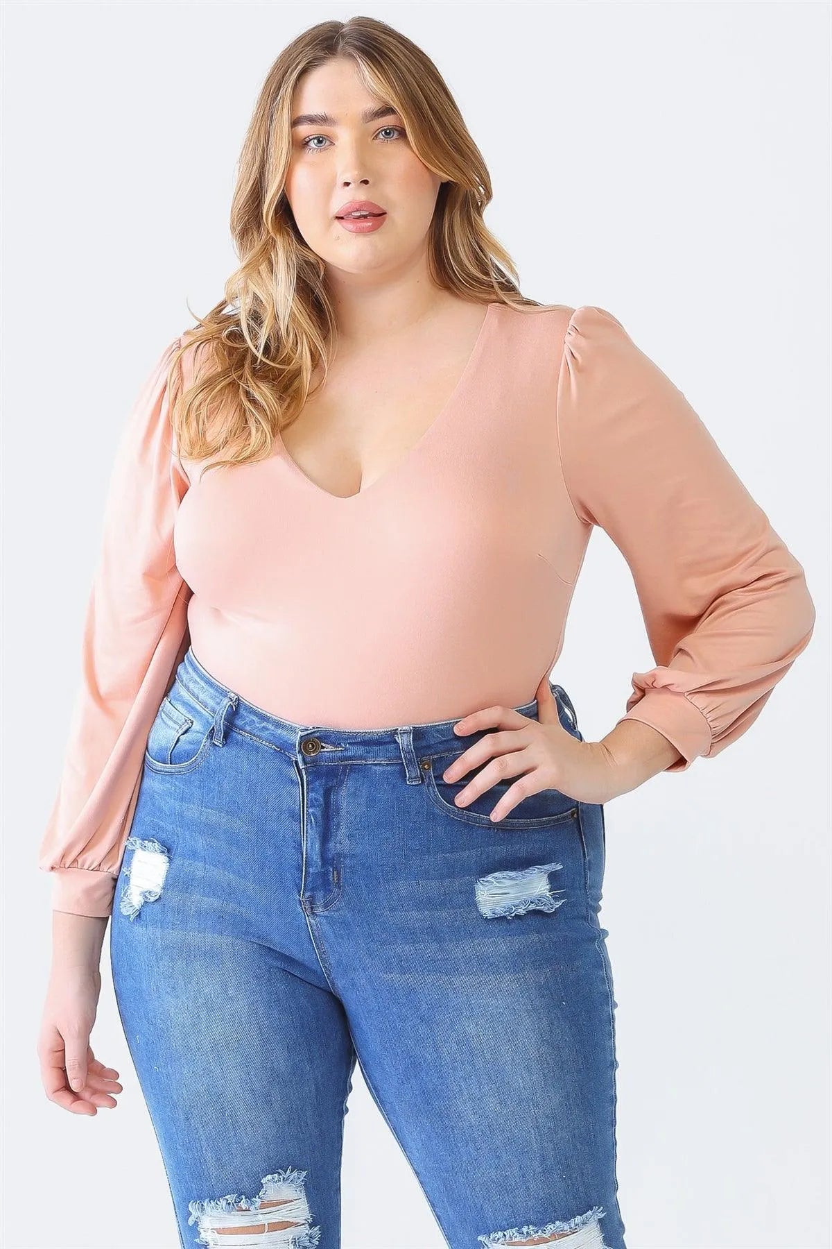 Junior Plus Rose V-Neck Long Sleeve Soft-To-Touch Bodysuit /1-1-1 - Tasha Apparel Wholesale