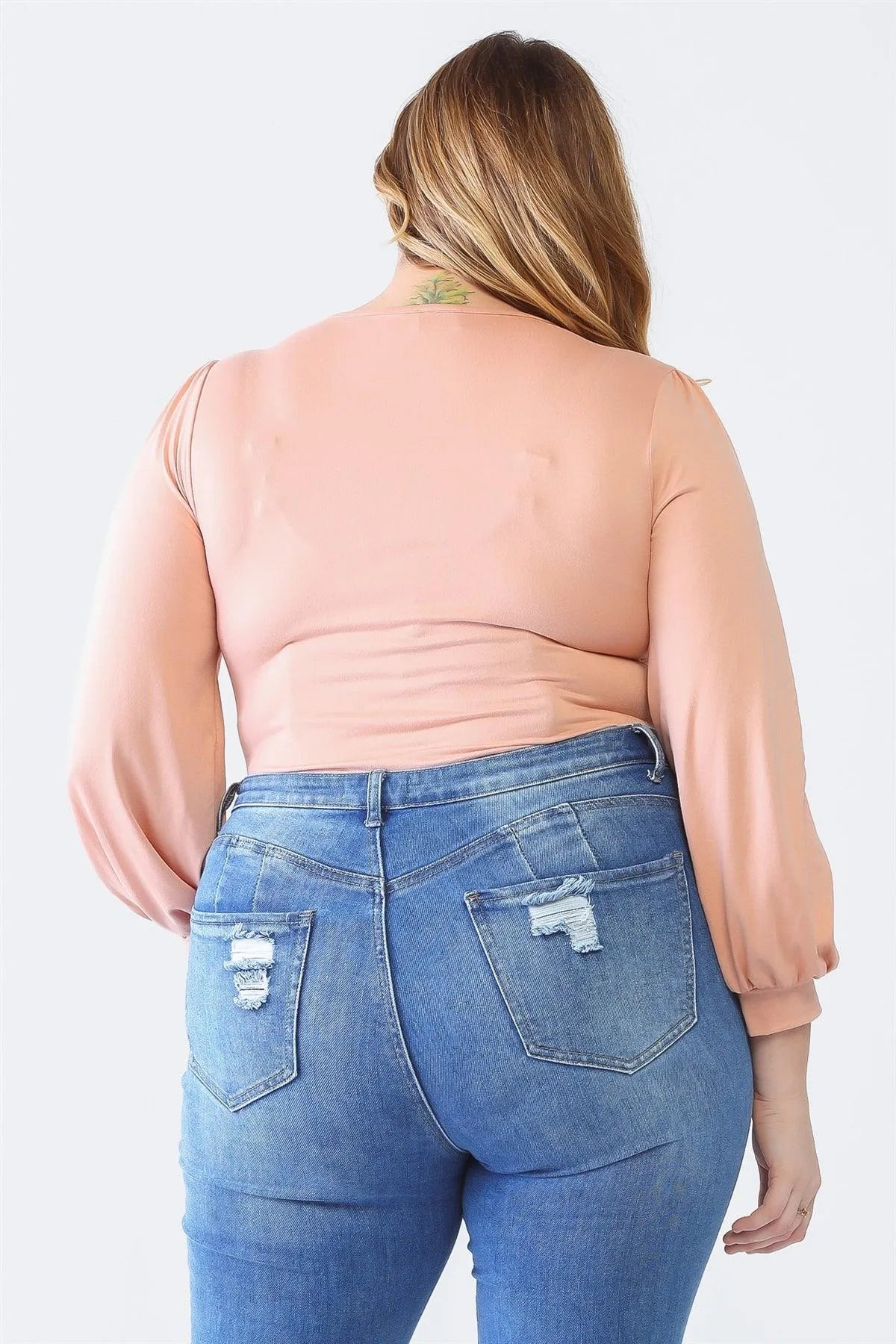 Junior Plus Rose V-Neck Long Sleeve Soft-To-Touch Bodysuit /1-1-1 - Tasha Apparel Wholesale