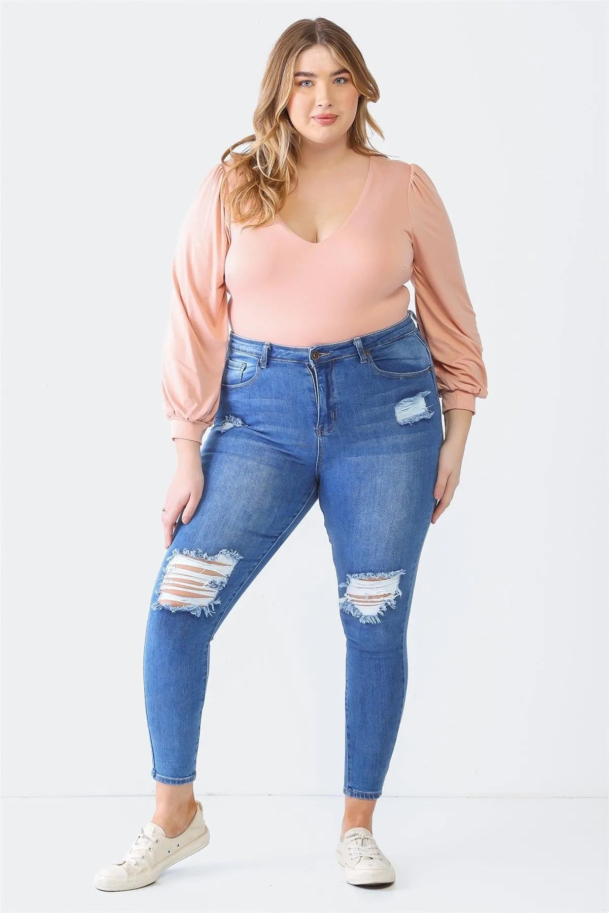 Junior Plus Rose V-Neck Long Sleeve Soft-To-Touch Bodysuit /1-1-1 - Tasha Apparel Wholesale