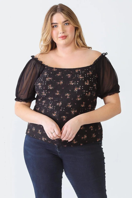 Junior Plus Black Flower Print Mesh Short Sleeve Top /1-1-1 - Tasha Apparel Wholesale