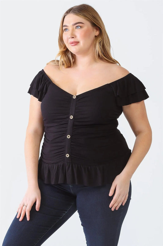 Junior Plus Black Ribbed Button-Up Ruffle Short Sleeve Top /1-1-1 - Tasha Apparel Wholesale