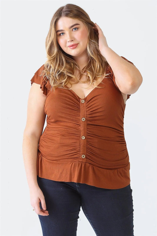 Junior Plus Brown Ribbed Button-Up Ruffle Short Sleeve Top /1-1-1 - Tasha Apparel Wholesale