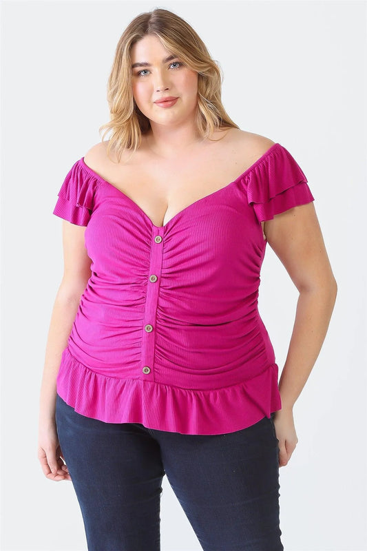 Junior Plus Fuchsia Ribbed Button-Up Ruffle Short Sleeve Top /1-1-1 - Tasha Apparel Wholesale