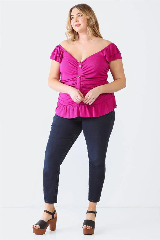 Junior Plus Fuchsia Ribbed Button-Up Ruffle Short Sleeve Top /2-2-1 - Tasha Apparel Wholesale