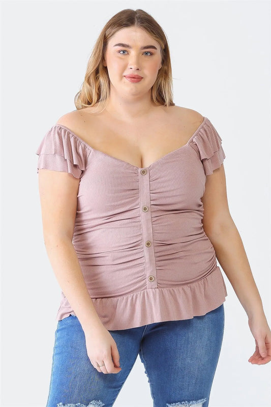 Plus Size Mauve Ribbed Button-Up Ruffle Short Sleeve Top /1-1-1 - Tasha Apparel Wholesale