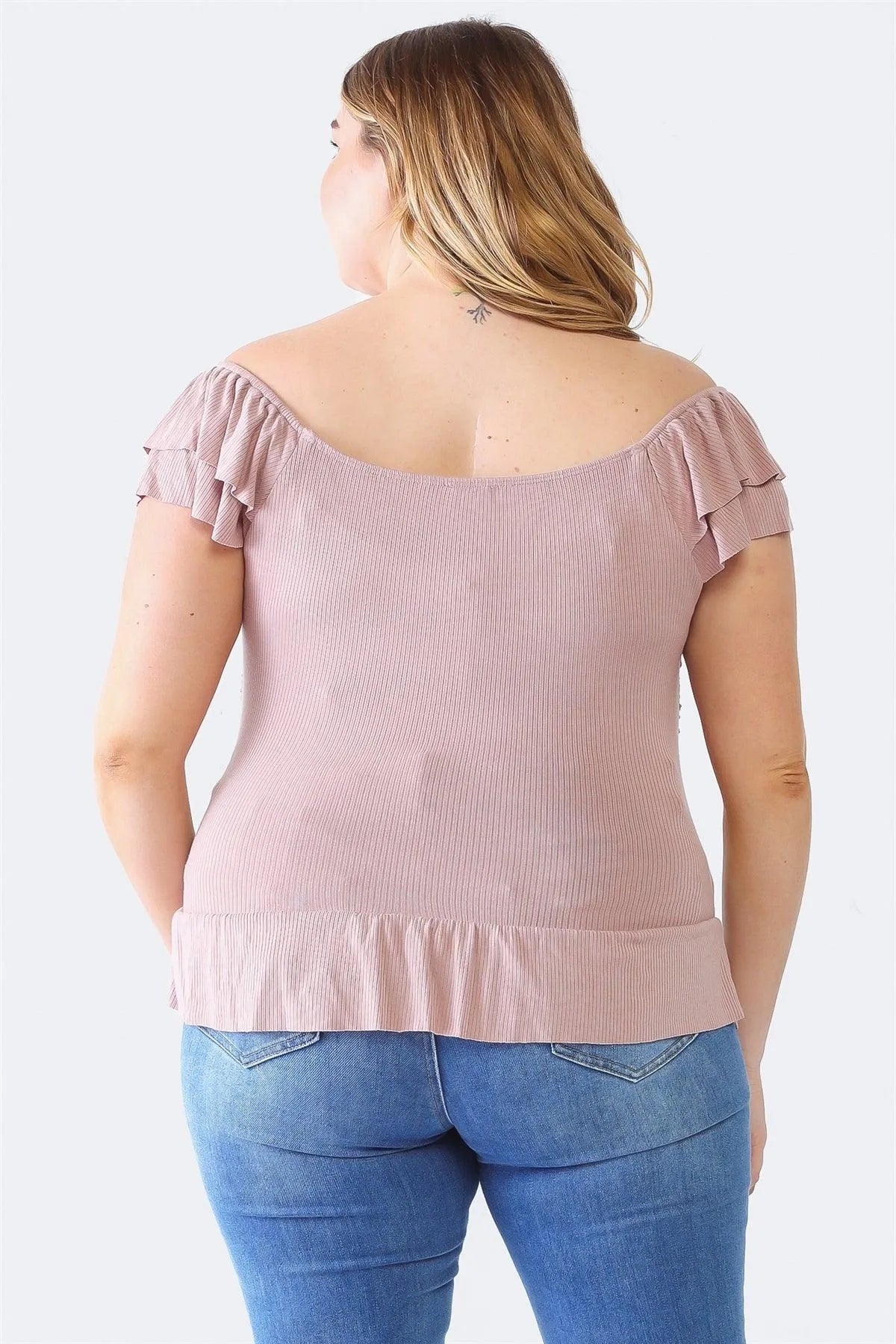 Plus Size Mauve Ribbed Button-Up Ruffle Short Sleeve Top /1-1-1 - Tasha Apparel Wholesale
