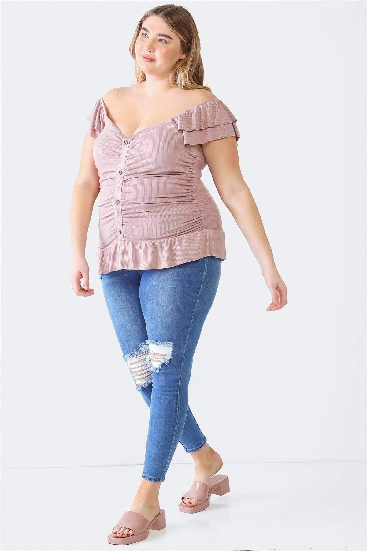 Plus Size Mauve Ribbed Button-Up Ruffle Short Sleeve Top /1-1-1 - Tasha Apparel Wholesale