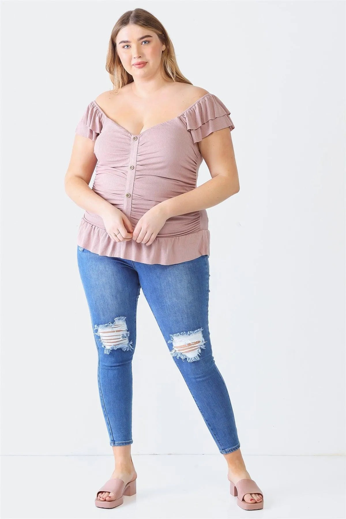 Plus Size Mauve Ribbed Button-Up Ruffle Short Sleeve Top /1-1-1 - Tasha Apparel Wholesale