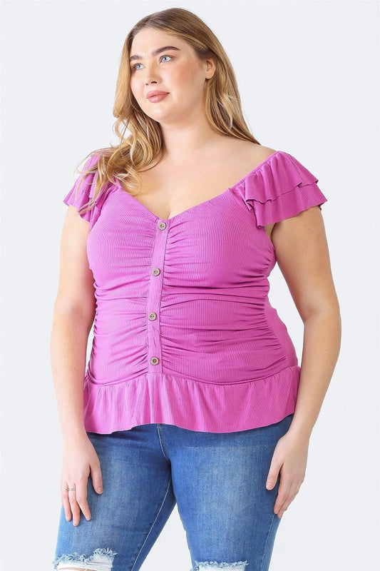 Junior Plus Lilac Ribbed Button-Up Ruffle Short Sleeve Top /1-1-1 - Tasha Apparel Wholesale