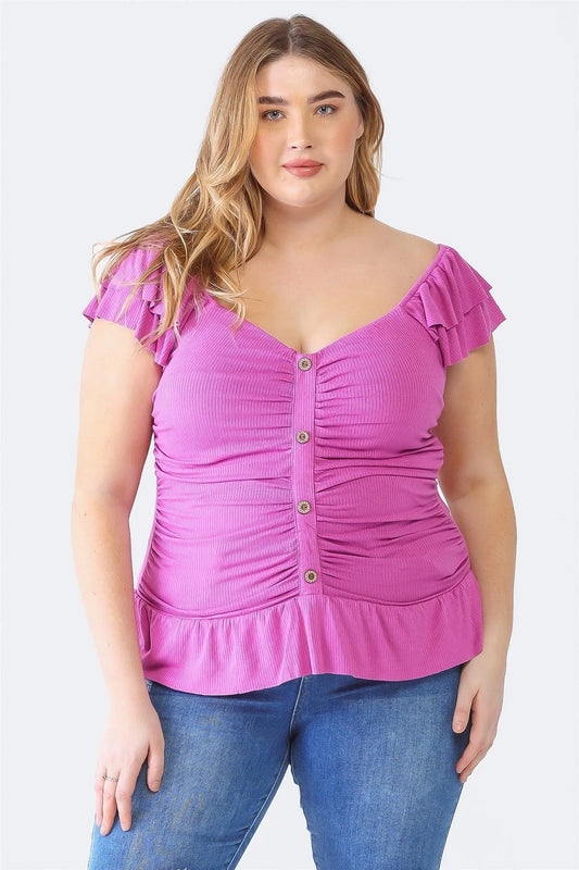 Junior Plus Lilac Ribbed Button-Up Ruffle Short Sleeve Top /1-1-2 - Tasha Apparel Wholesale