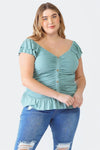 Plus Size Blue Ribbed Button-Up Ruffle Short Sleeve Top /1-1-1 - Tasha Apparel Wholesale
