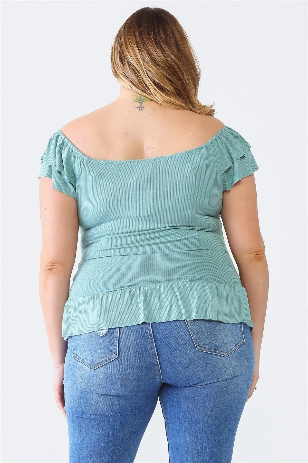 Plus Size Blue Ribbed Button-Up Ruffle Short Sleeve Top /1-1-1 - Tasha Apparel Wholesale