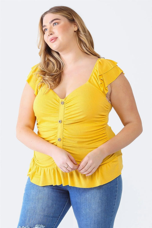 Junior Plus Yellow Ribbed Button-Up Ruffle Short Sleeve Top /1-1-1 - Tasha Apparel Wholesale