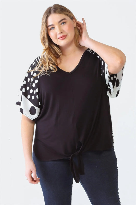 Junior Plus Black Line & Polka Dot Short Sleeve Self-Tie Hem Top /1-1-1 - Tasha Apparel Wholesale