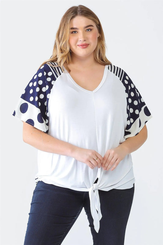 Plus Size Polka Dot Short Sleeve Self-Tie Hem Top /1-1-1 - Tasha Apparel Wholesale