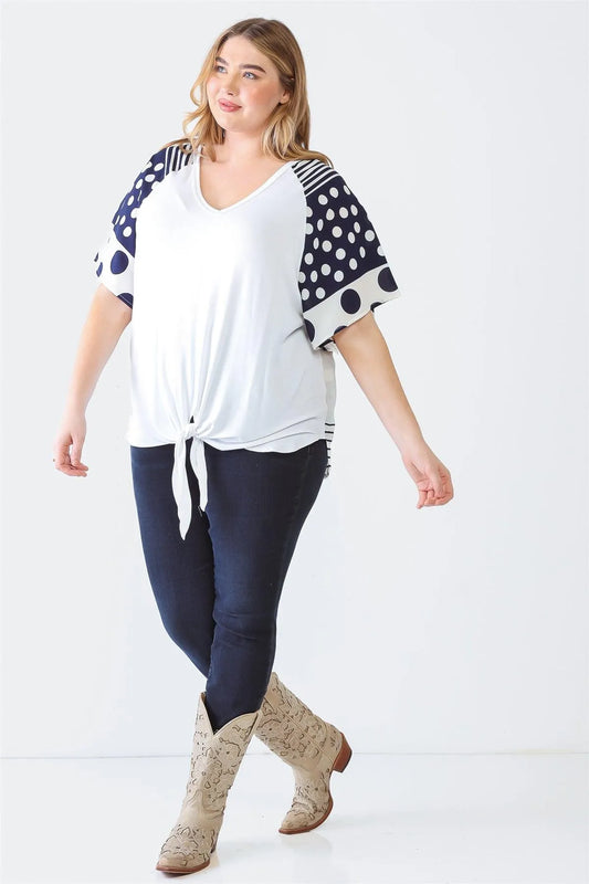 Junior Plus White Line & Polka Dot Short Sleeve Self-Tie Hem Top /2-1-2 - Tasha Apparel Wholesale