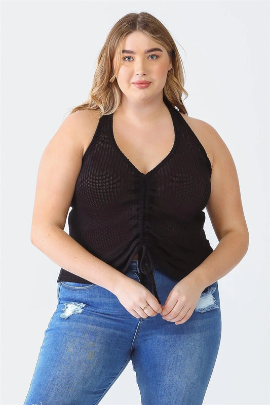 Junior Plus Black Knit Sleeveless Ruched Top /1-1-1 - Tasha Apparel Wholesale