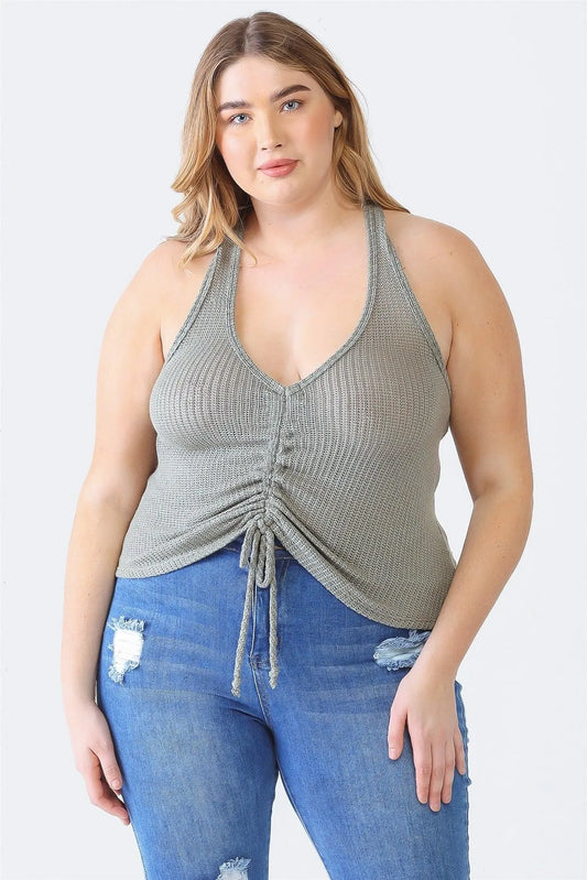Junior Plus Olive Knit Sleeveless Ruched Top /1-1-1 - Tasha Apparel Wholesale