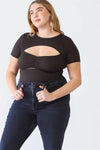 Junior Plus Black Ribbed Short Sleeve Ruched Bustier Cut-Out Bodysuit /2-1-1 - Tasha Apparel Wholesale