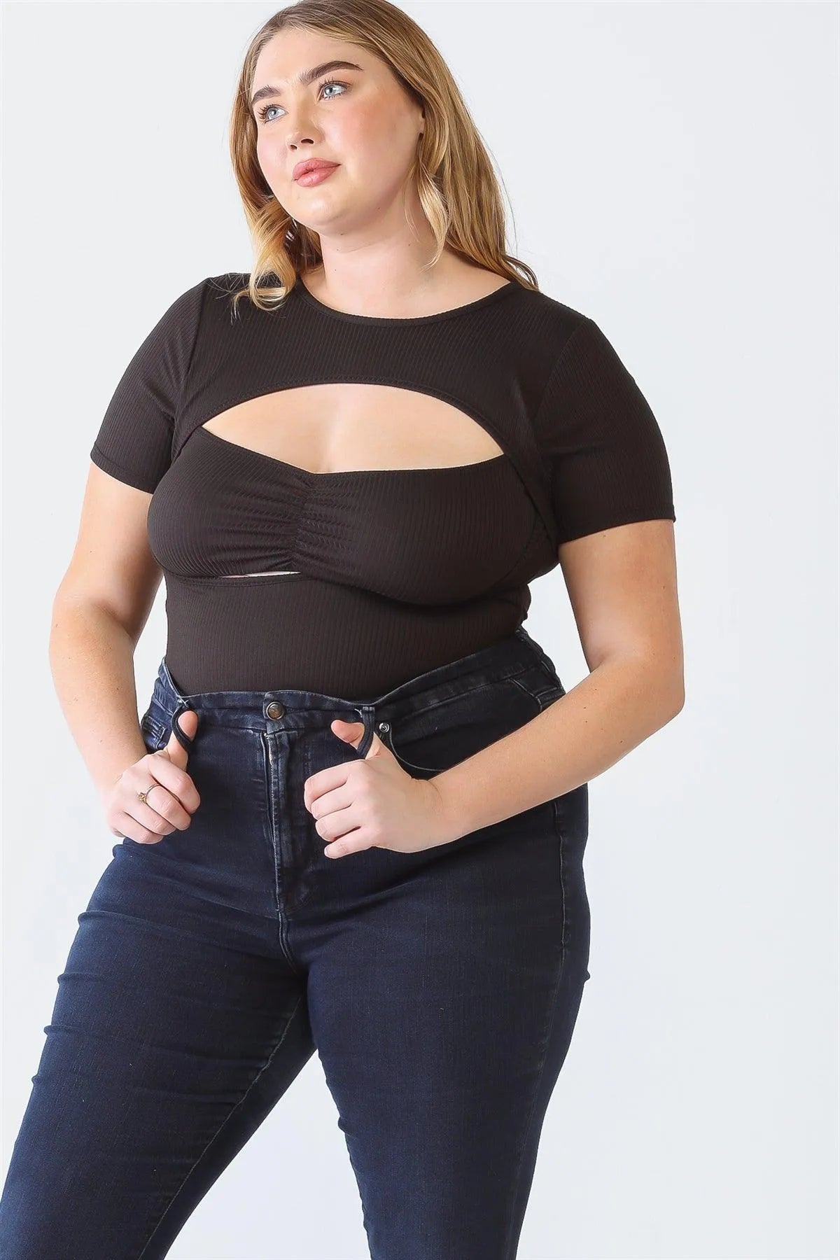 Junior Plus Black Ribbed Short Sleeve Ruched Bustier Cut-Out Bodysuit /2-1-1 - Tasha Apparel Wholesale