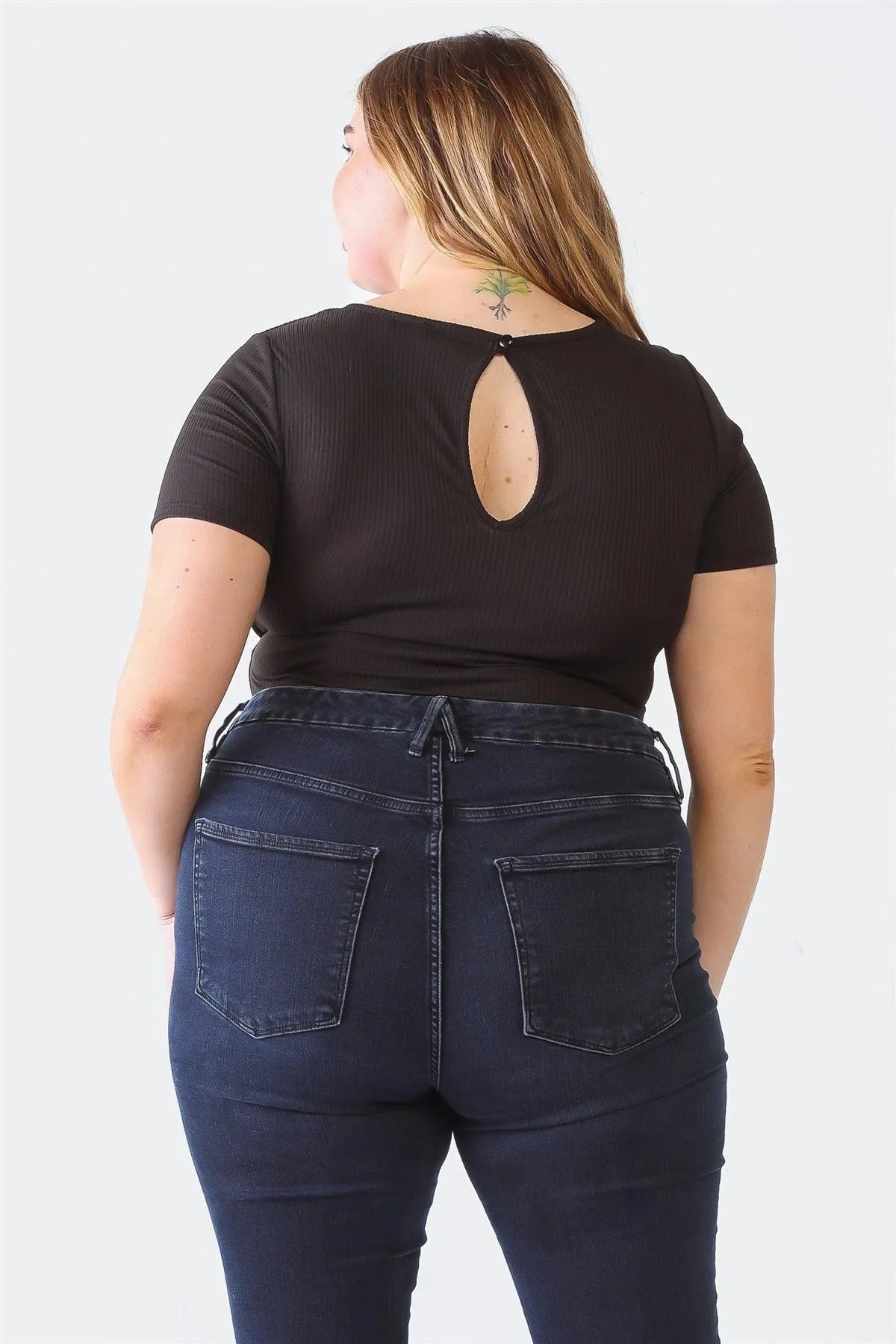 Junior Plus Black Ribbed Short Sleeve Ruched Bustier Cut-Out Bodysuit /2-1-1 - Tasha Apparel Wholesale