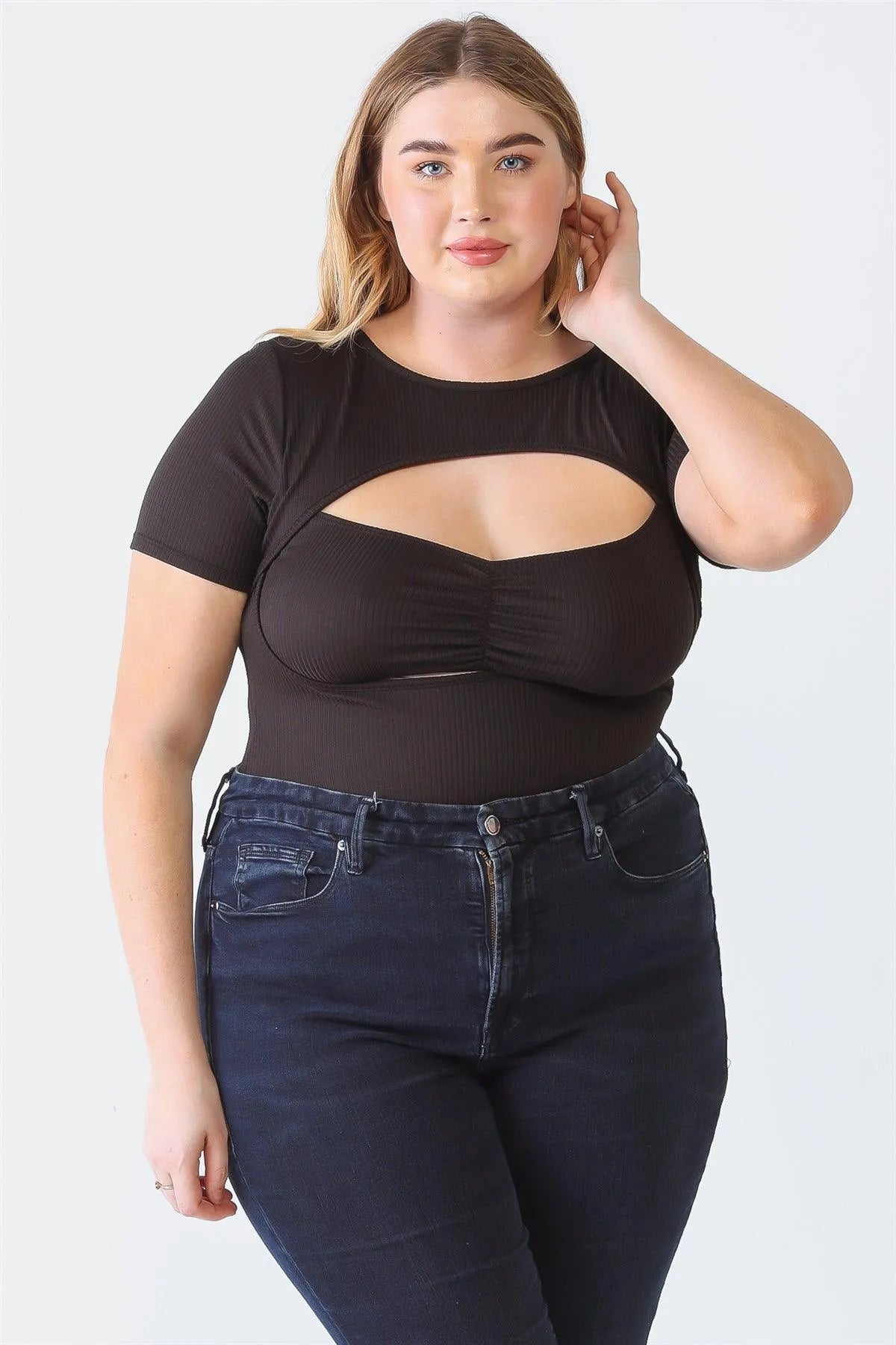 Junior Plus Black Ribbed Short Sleeve Ruched Bustier Cut-Out Bodysuit /2-1-1 - Tasha Apparel Wholesale