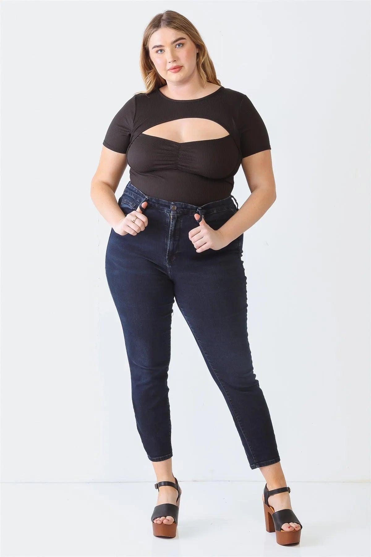 Junior Plus Black Ribbed Short Sleeve Ruched Bustier Cut-Out Bodysuit /2-1-1 - Tasha Apparel Wholesale