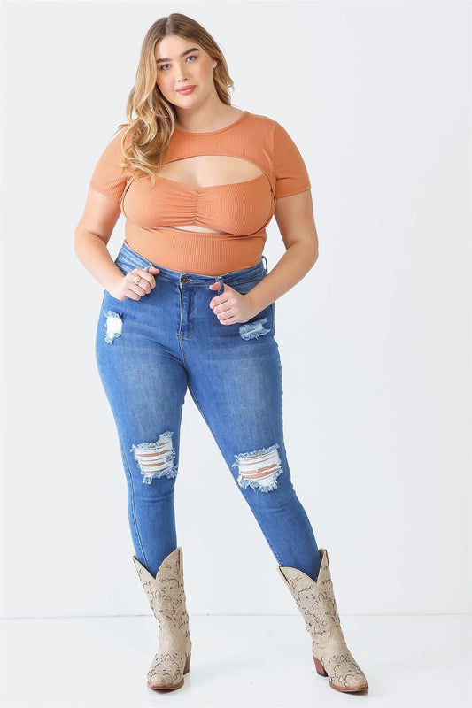 Junior Plus Rust Ribbed Short Sleeve Ruched Bustier Cut-Out Bodysuit /1-1-1 - Tasha Apparel Wholesale