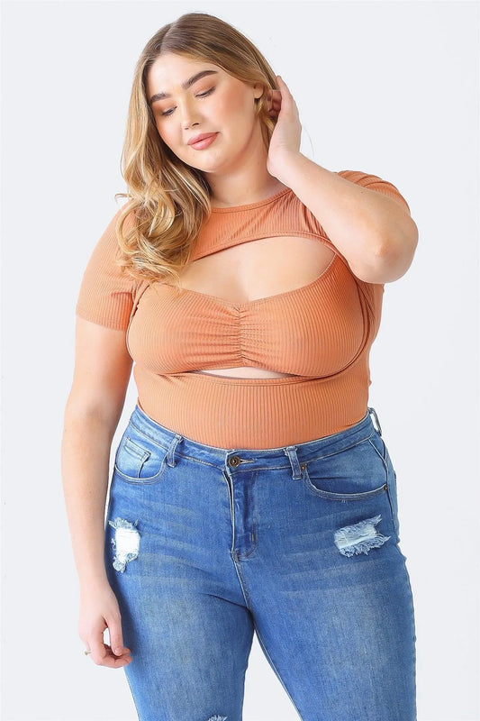 Junior Plus Rust Ribbed Short Sleeve Ruched Bustier Cut-Out Bodysuit /2-1-1 - Tasha Apparel Wholesale