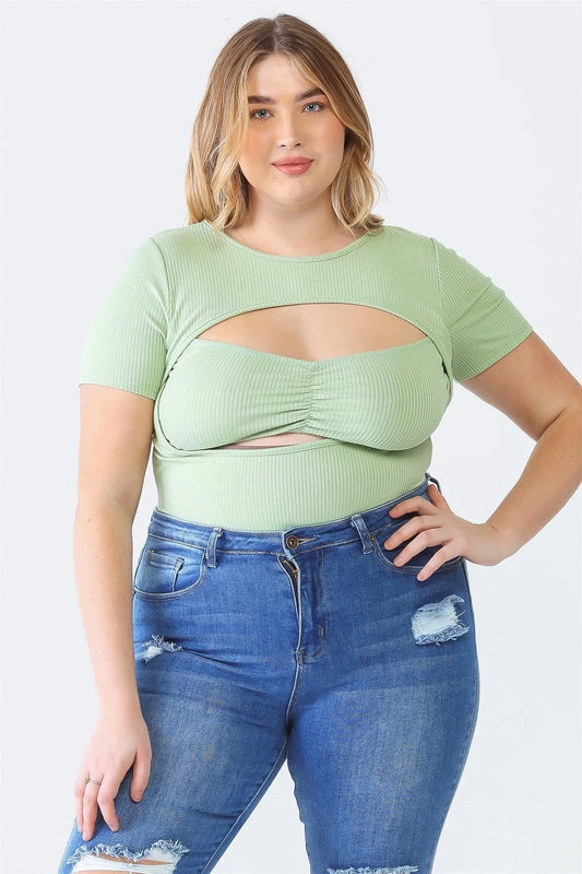 Junior Plus Sage Ribbed Short Sleeve Ruched Bustier Cut-Out Bodysuit /1-1-1 - Tasha Apparel Wholesale