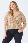 Junior Plus Ivory Floral Print Wrap Neck Short Sleeve Flare Hem Top /1-1-1 - Tasha Apparel Wholesale