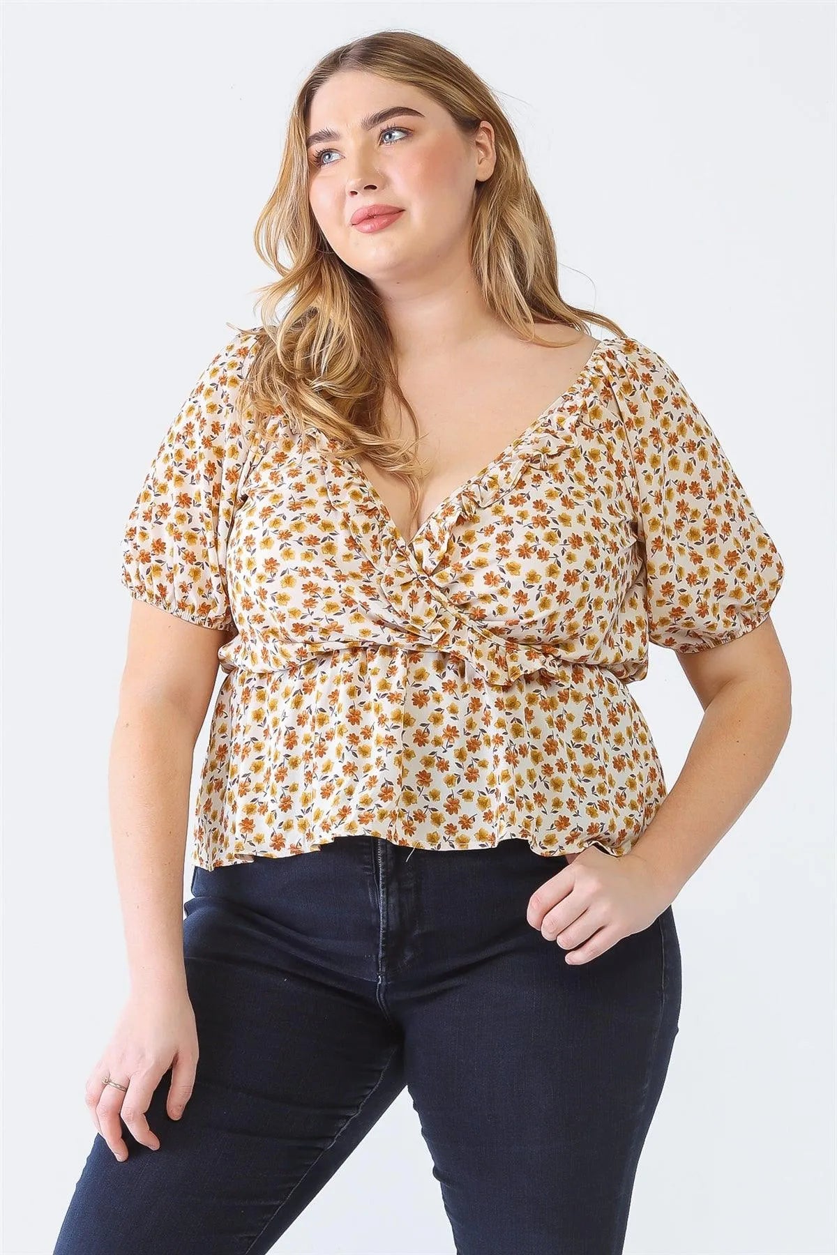 Junior Plus Ivory Floral Print Wrap Neck Short Sleeve Flare Hem Top /1-1-1 - Tasha Apparel Wholesale