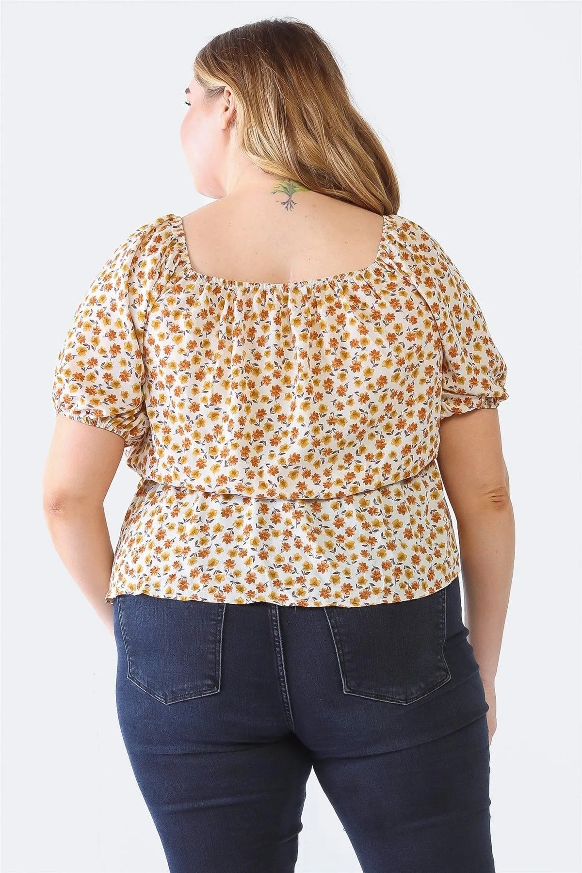 Junior Plus Ivory Floral Print Wrap Neck Short Sleeve Flare Hem Top /1-1-1 - Tasha Apparel Wholesale