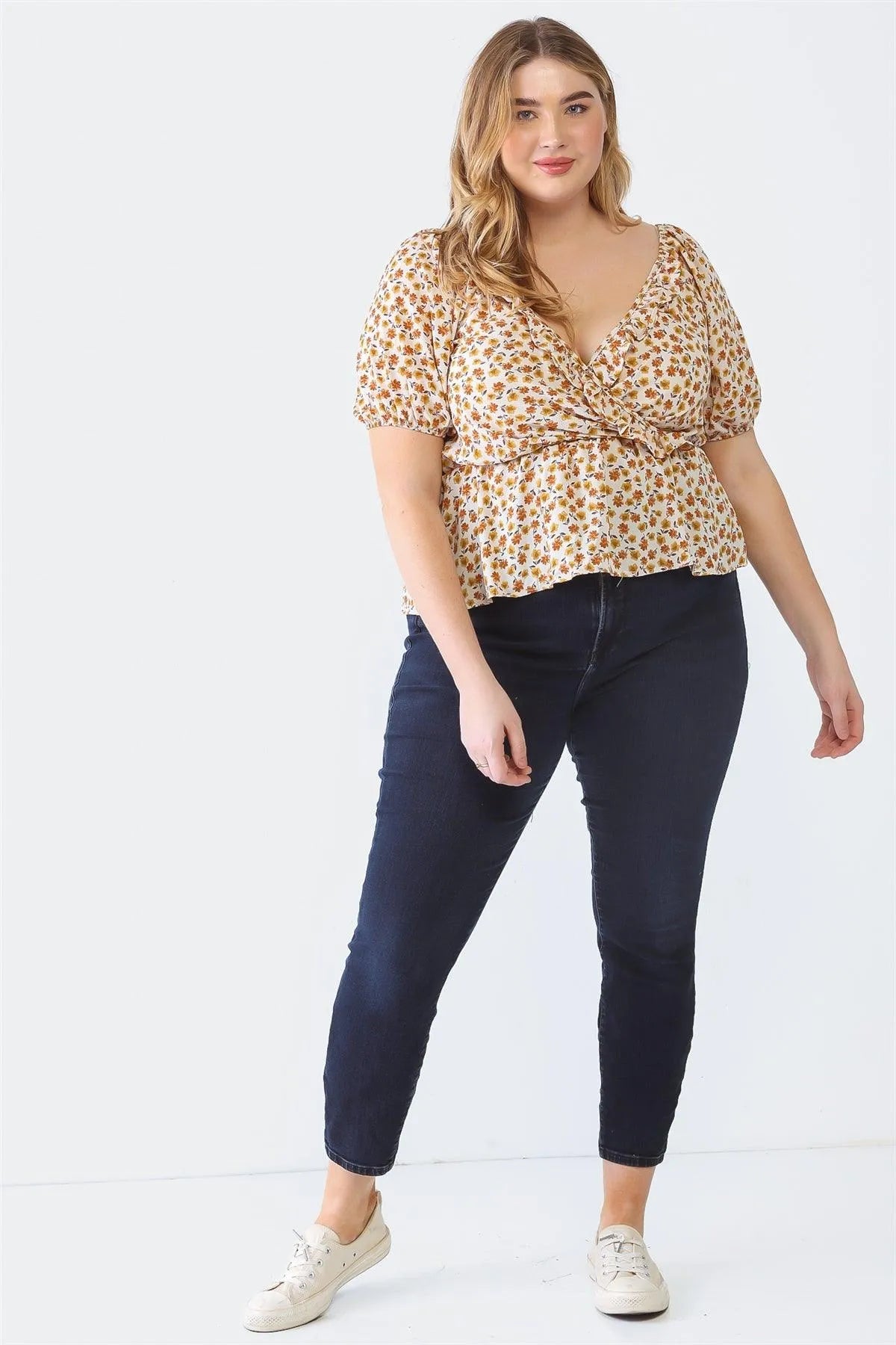 Junior Plus Ivory Floral Print Wrap Neck Short Sleeve Flare Hem Top /1-1-1 - Tasha Apparel Wholesale