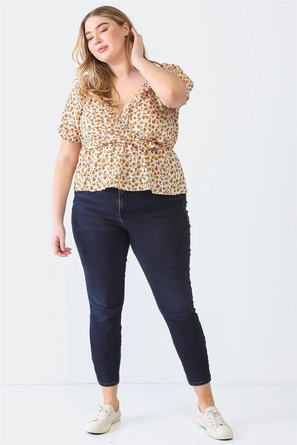 Junior Plus Ivory Floral Print Wrap Neck Short Sleeve Flare Hem Top /1-1-1 - Tasha Apparel Wholesale