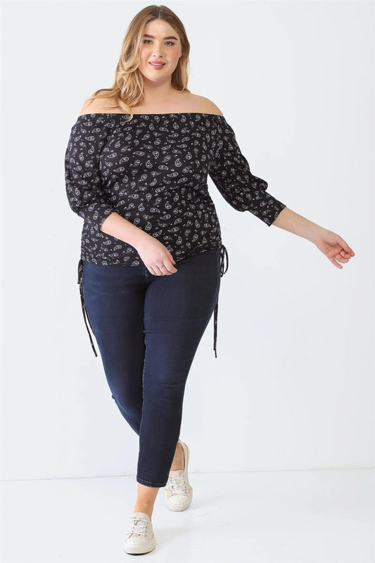 Junior Plus Black Paisley Print Off-The-Shoulder Ruched Top /1-1-3 - Tasha Apparel Wholesale