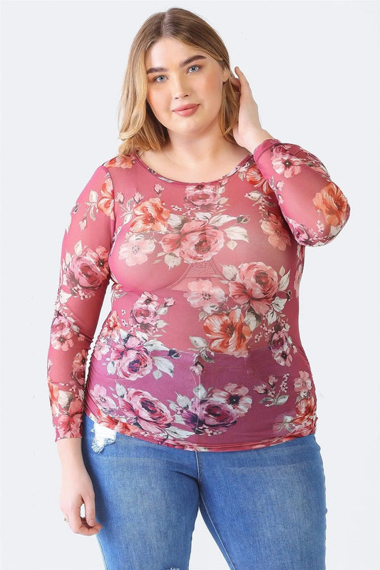 Junior Plus Mauve Flower Print Mesh Sheer Crew Neck Long Sleeve Top /1-1 - Tasha Apparel Wholesale
