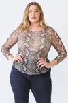 Junior Plus Grey Snake Print Mesh Sheer Crew Neck Long Sleeve Top /1-1-1 - Tasha Apparel Wholesale