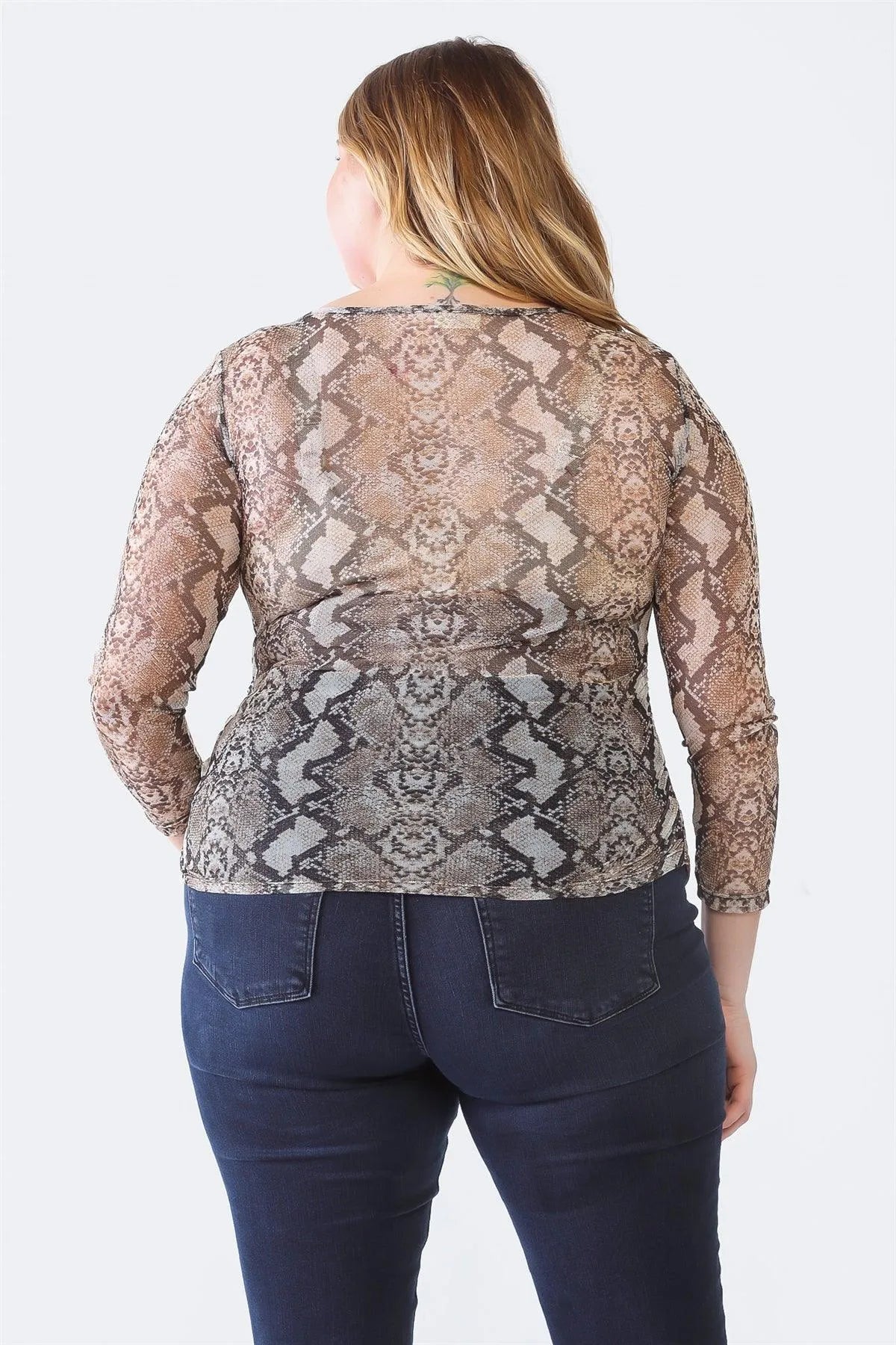 Junior Plus Grey Snake Print Mesh Sheer Crew Neck Long Sleeve Top /1-1-1 - Tasha Apparel Wholesale