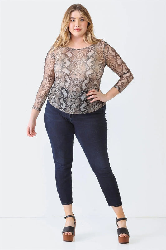 Junior Plus Grey Snake Print Mesh Sheer Crew Neck Long Sleeve Top /1-2-2 - Tasha Apparel Wholesale