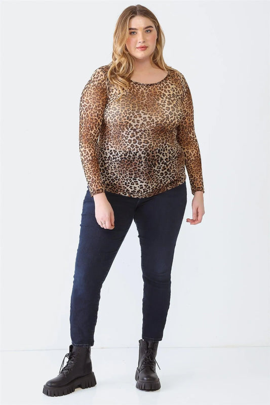 Junior Plus Taupe Leopard Print Mesh Sheer Crew Neck Long Sleeve Top /2-2 - Tasha Apparel Wholesale