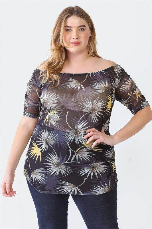 Junior Plus Black Palm Leaves Print Sheer Mesh Ruched Off-The-Shoulder Top /1-1-1 - Tasha Apparel Wholesale