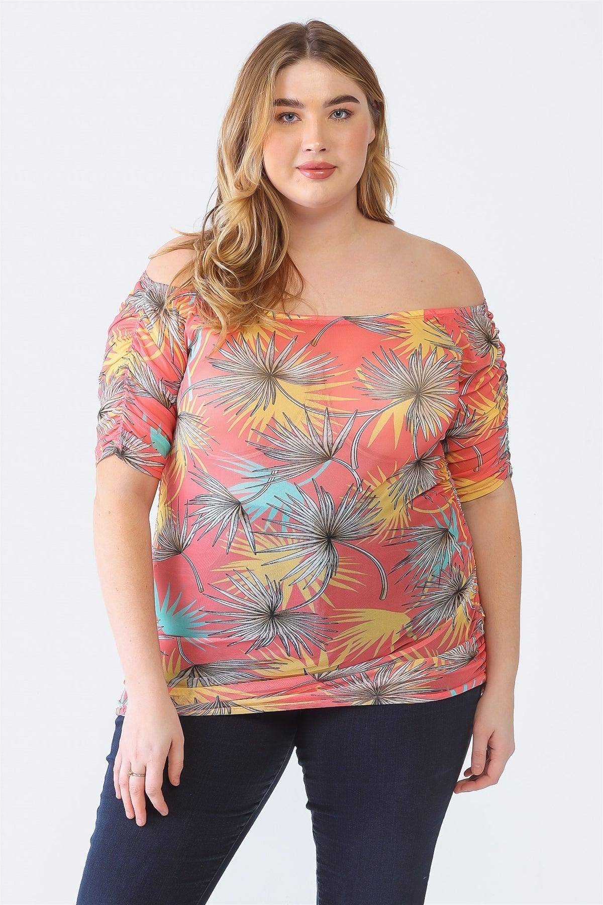 Junior Plus Coral Palm Leaves Print Sheer Mesh Ruched Off-The-Shoulder Top /1-1-1