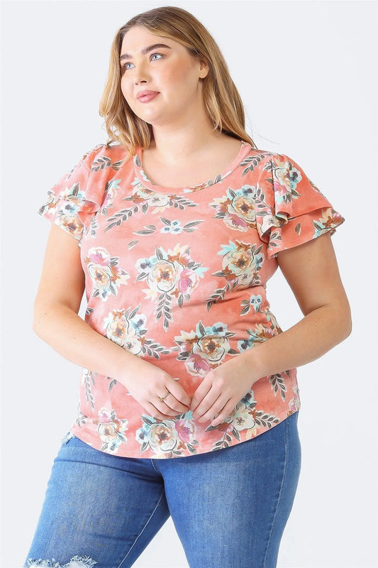 Junior Plus Coral Floral Print Crew Neck Ruffle Short Sleeve Top /1-1-1 - Tasha Apparel Wholesale