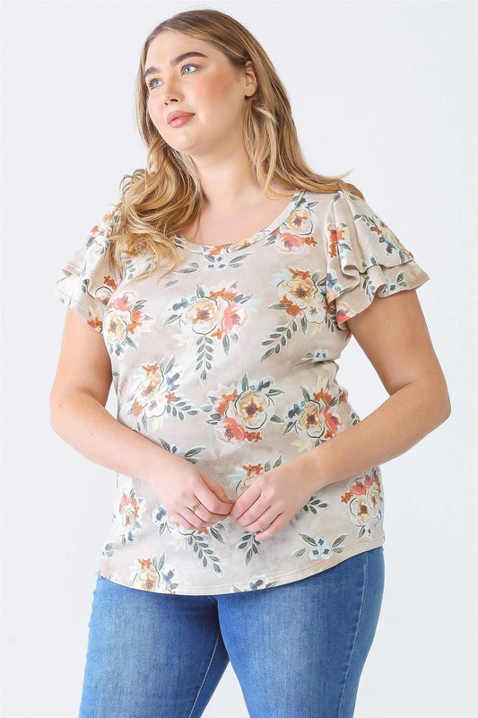 Junior Plus Taupe Floral Print Crew Neck Ruffle Short Sleeve Top /1-1-1 - Tasha Apparel Wholesale