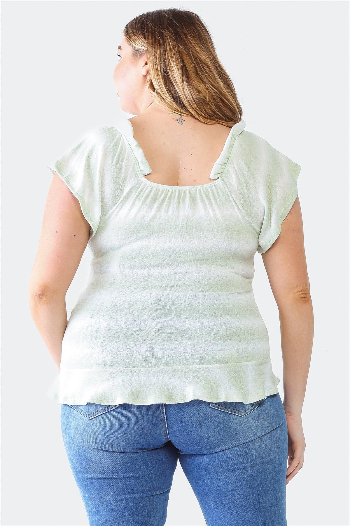 Junior Plus Sage & White Ruffle Ruched Short Sleeve Top /1-1-1
