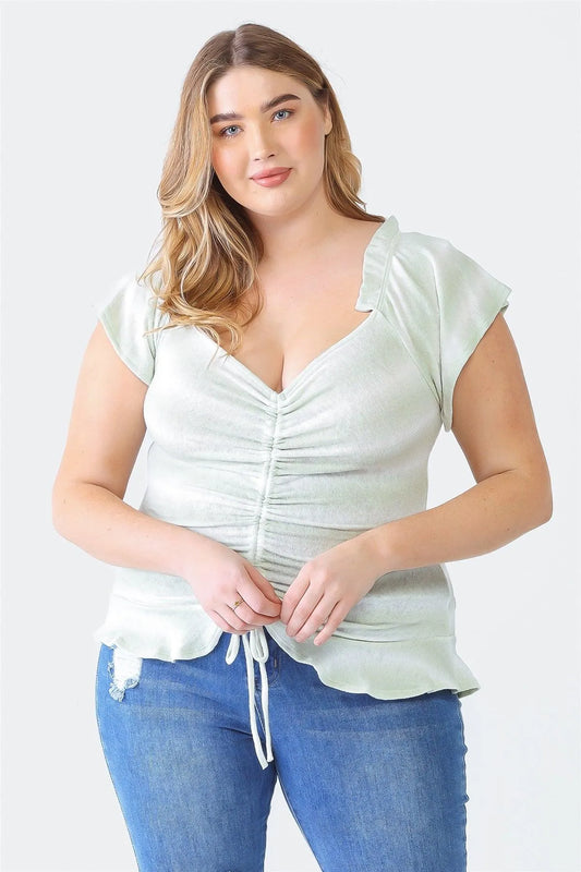 Plus Size Striped Sage Ruffle Ruched Short Sleeve Top - Tasha Apparel Wholesale