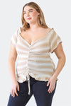 Junior Plus Taupe & White Ruffle Ruched Short Sleeve Top /1-1-1