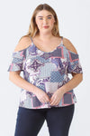 Junior Plus Blue Paisley Print Off-The-Shoulder Short Sleeve Strappy Top /1-1-1 - Tasha Apparel Wholesale